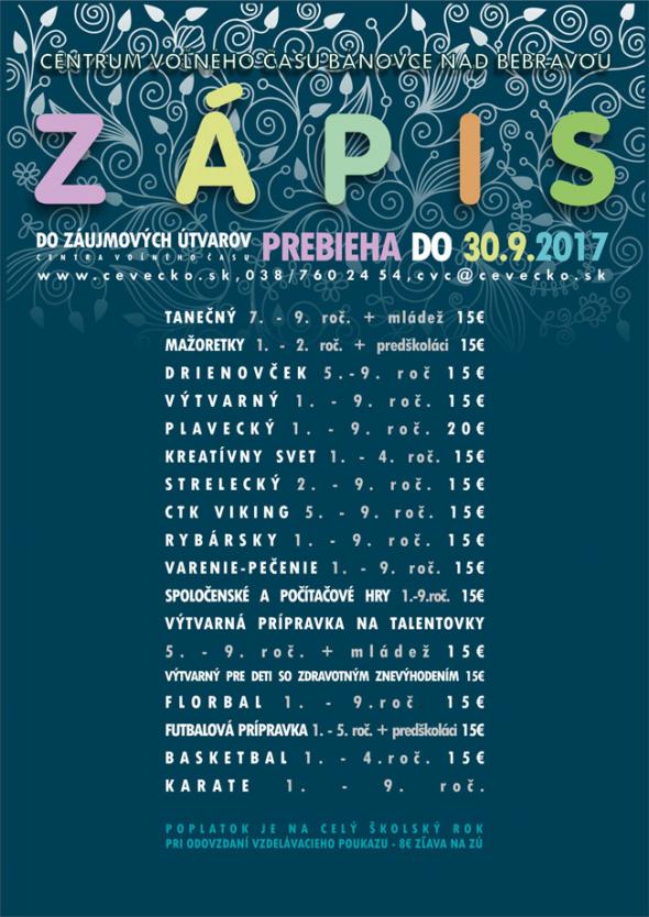 ZÁPIS - CVČ – do 30.9.2017 ZÁPIS - CVČ – do 30.9.2017