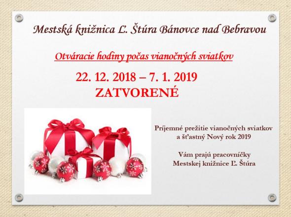 Mestská knižnica Ľ. Štúra počas sviatkov zatvorená Mestská knižnica Ľ. Štúra počas sviatkov zatvorená